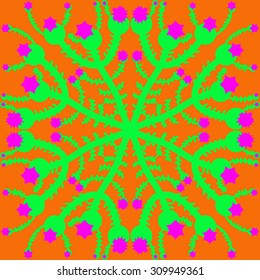 Circular   pattern of floral motif, branches, stars. Hand drawn.