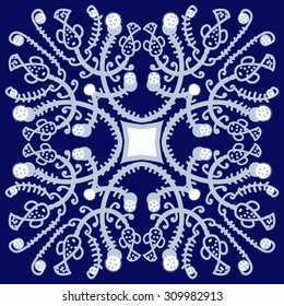 Circular   pattern of floral motif, branches, stars, spirals, fishes. Hand drawn.