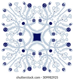 Circular   pattern of floral motif, branches, stars, spirals, fishes. Hand drawn.