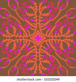Circular   pattern of floral motif, branches, flowers, tulips, stars. Hand drawn.