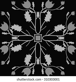 Circular   pattern of floral motif, branches, stars, leaves, flowers. Hand drawn.