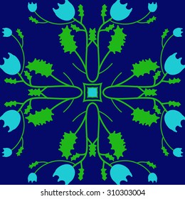 Circular   pattern of floral motif, branches, stars, leaves, flowers. Hand drawn.
