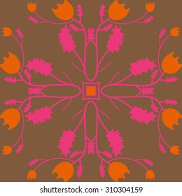 Circular   pattern of floral motif, branches, stars, leaves, flowers. Hand drawn.