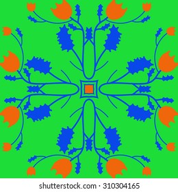 Circular   pattern of floral motif, branches, stars, leaves, flowers. Hand drawn.