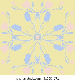Circular   pattern of floral motif, branches, stars, leaves, flowers. Hand drawn.