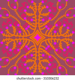 Circular   pattern of floral motif, branches, flowers, tulips, stars. Hand drawn.