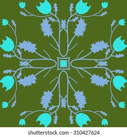 Circular   pattern of floral motif, branches, stars, leaves, flowers. Hand drawn.