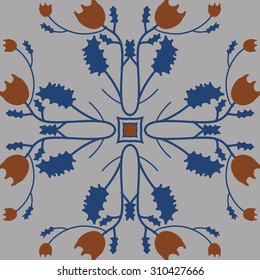 Circular   pattern of floral motif, branches, stars, leaves, flowers. Hand drawn.