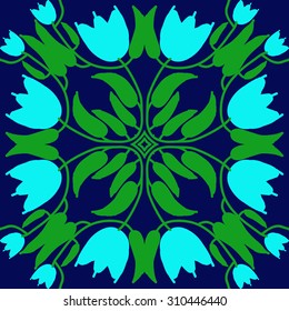 Circular   pattern of floral motif, branches, stars, leaves, flowers, tulips. Hand drawn.