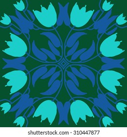 Circular   pattern of floral motif, branches, stars, leaves, flowers, tulips. Hand drawn.