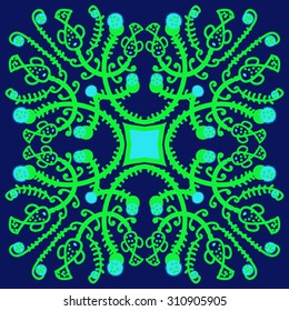 Circular   pattern of floral motif, branches, stars, spirals, fishes. Hand drawn.