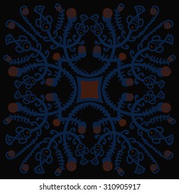 Circular   pattern of floral motif, branches, stars, spirals, fishes. Hand drawn.