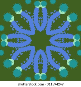 Circular   pattern of floral motif, branches, spirals,stars. Hand drawn.