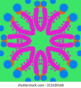 Circular   pattern of floral motif, branches, spirals,stars. Hand drawn.