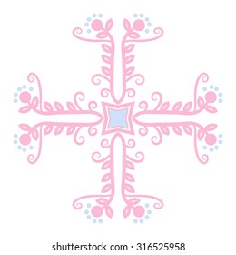 Circular  pattern of  floral motif,   branches,  ellipses, leaves, spirals, stars. Hand drawn.