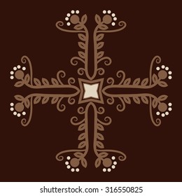 Circular  pattern of  floral motif,   branches,  ellipses, leaves, spirals, stars. Hand drawn.