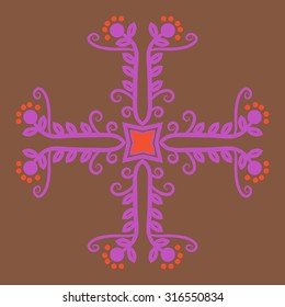 Circular  pattern of  floral motif,   branches,  ellipses, leaves, spirals, stars. Hand drawn.