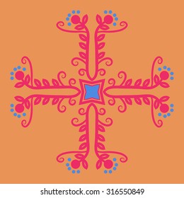 Circular  pattern of  floral motif,   branches,  ellipses, leaves, spirals, stars. Hand drawn.