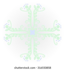 Circular  pattern of  floral motif,   branches,  ellipses, leaves, spirals, stars. Hand drawn.