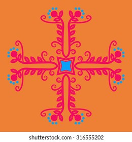 Circular  pattern of  floral motif,   branches,  ellipses, leaves, spirals, stars. Hand drawn.