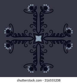 Circular  pattern of  floral motif,   branches,  ellipses, leaves, spirals, stars. Hand drawn.