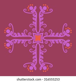 Circular  pattern of  floral motif,   branches,  ellipses, leaves, spirals, stars. Hand drawn.