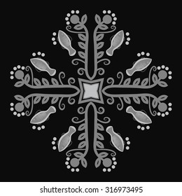 Circular  pattern of  floral motif,   branches,  ellipses, leaves, spirals, stars, fishes. Hand drawn.