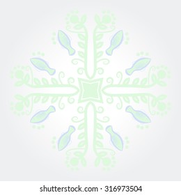 Circular  pattern of  floral motif,   branches,  ellipses, leaves, spirals, stars, fishes. Hand drawn.