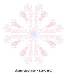 Circular  pattern of  floral motif,   branches,  ellipses, leaves, spirals, stars, fishes. Hand drawn.