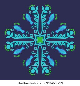 Circular  pattern of  floral motif,   branches,  ellipses, leaves, spirals, stars, fishes. Hand drawn.