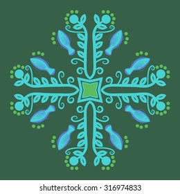 Circular  pattern of  floral motif,   branches,  ellipses, leaves, spirals, stars, fishes. Hand drawn.