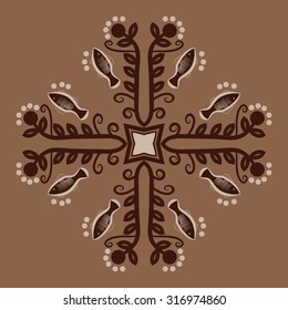 Circular  pattern of  floral motif,   branches,  ellipses, leaves, spirals, stars, fishes. Hand drawn.