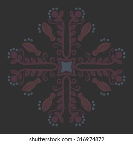 Circular  pattern of  floral motif,   branches,  ellipses, leaves, spirals, stars, fishes. Hand drawn.