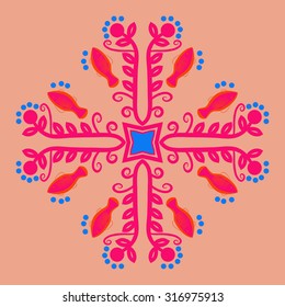 Circular  pattern of  floral motif,   branches,  ellipses, leaves, spirals, stars, fishes. Hand drawn.