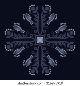 Circular  pattern of  floral motif,   branches,  ellipses, leaves, spirals, stars, fishes. Hand drawn.