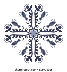 Circular  pattern of  floral motif,   branches,  ellipses, leaves, spirals, stars, fishes. Hand drawn.
