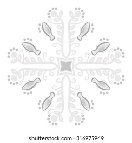 Circular  pattern of  floral motif,   branches,  ellipses, leaves, spirals, stars, fishes. Hand drawn.