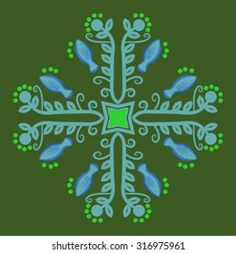 Circular  pattern of  floral motif,   branches,  ellipses, leaves, spirals, stars, fishes. Hand drawn.