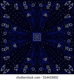 Circular   pattern of floral motif, branches,stars, doodles, leaves, spirals . Hand drawn.