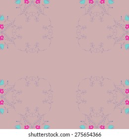 Circular pattern of floral motif, butterflies, branches, leaves. Hand drawn, delicate.