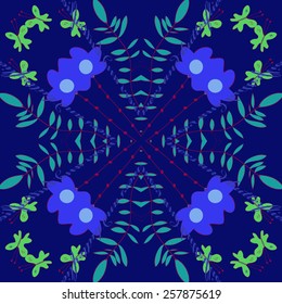 Circular  pattern of floral motif, butterflies,branches on a dark blue   background. Hand drawn.