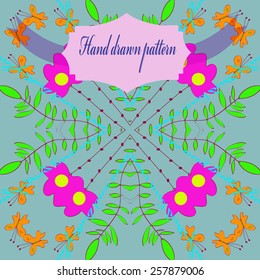 Circular  pattern of floral motif, butterflies,branches, label on a pale azure  background. Hand drawn.