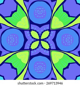 Circular  pattern of floral motif, doodles, stamens, bagels. Hand drawn.