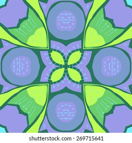 Circular pattern of floral motif, doodles, stamens, bagels. Hand drawn.