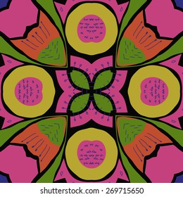Circular   pattern of floral motif, doodles, stamens, bagels. Hand drawn.