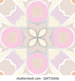 Circular   pattern of floral motif, doodles, stamens, bagels. Hand drawn.
