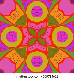 Circular  pattern of floral motif, doodles, stamens, bagels. Hand drawn.