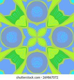 Circular  pattern of floral motif, doodles, stamens, bagels. Hand drawn.