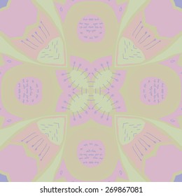 Circular  pattern of floral motif, doodles, stamens, bagels. Hand drawn.