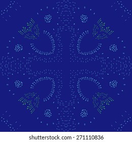 Circular pattern of floral motif, doodles, stamens. Hand drawn.